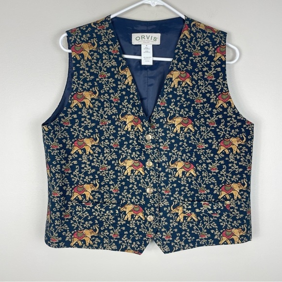 Orvis Vintage Vest Elephant Sleeveless Lined Cotton Button Tapestry Blue Indian - Picture 1 of 5
